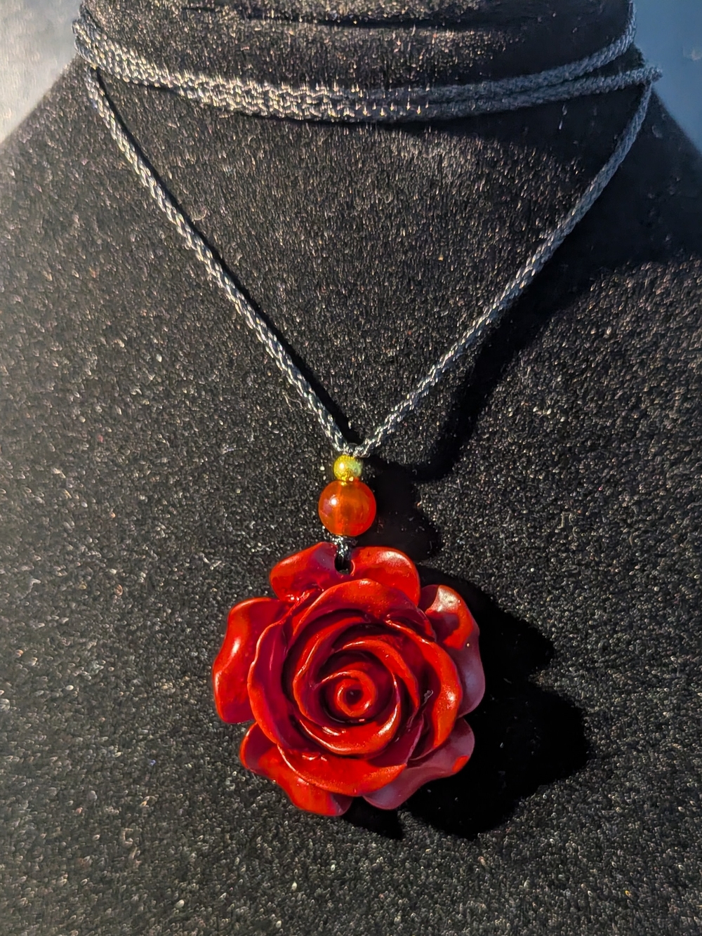 Red Rose Pendant Necklace - Elegant Natural Stone Carved Rose